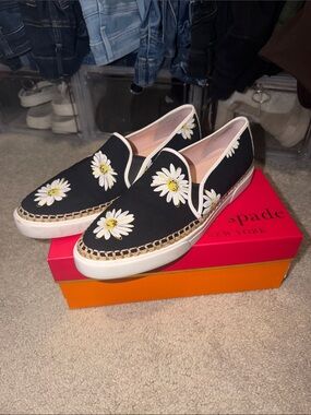 Kate Spade Black Daisy Slip-On Espadrilles